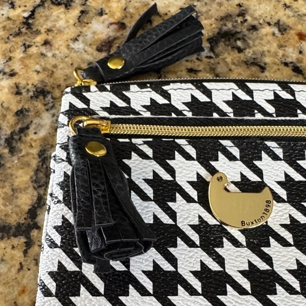 Button Black and White Houndstooth Pouch with Gold Detail